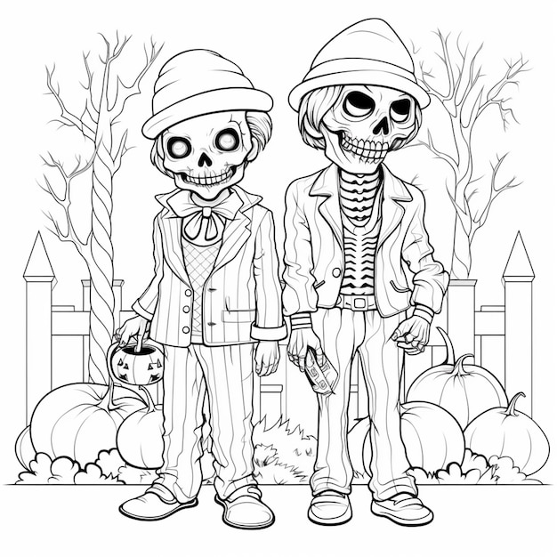 a couple of skeletons in halloween costumes standing next to each other generative ai