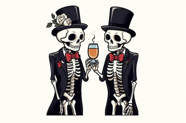 A couple of skeletons in top hats and tails holding wine glasses Digital image