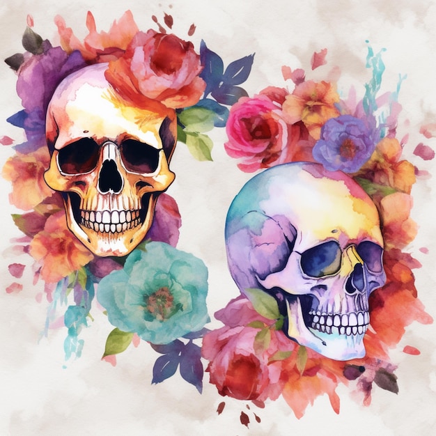 花が付いた頭蓋骨のカップル