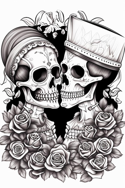 頭の上に帽子とバラをかぶった頭蓋骨のカップル