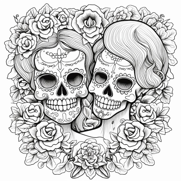 A couple of skulls with roses and roses around them generative ai