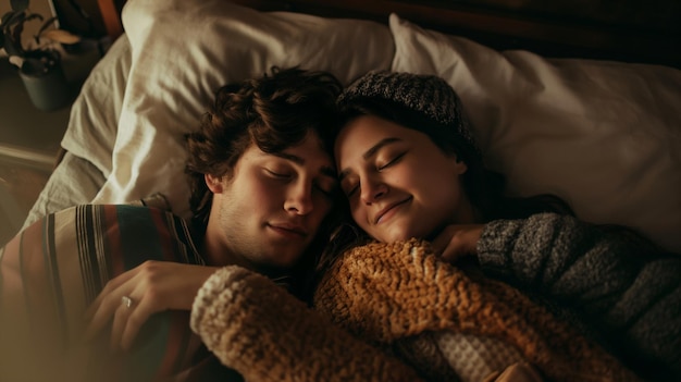 ベッドで寝ているカップル下部に愛という言葉が書かれています