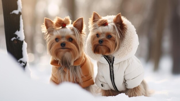 a couple of small dogs sitting next to each other in the snow