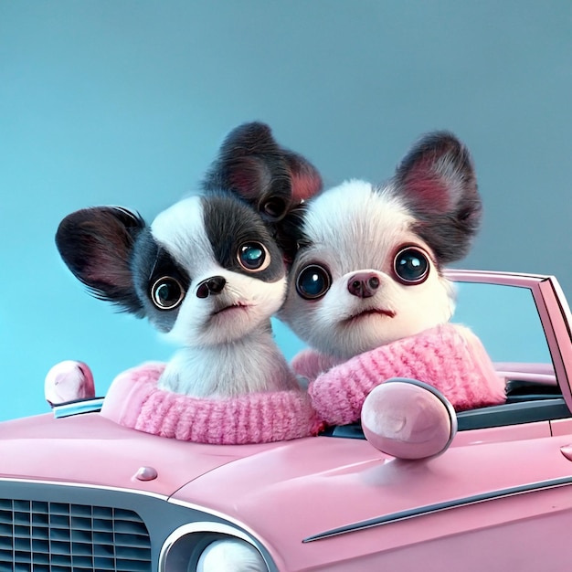 Couple of small dogs sitting on top of a pink car generative ai