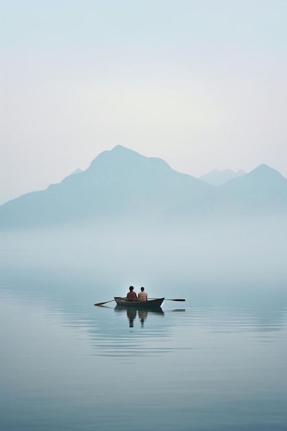 Couple in a small rowing boat sideview pictured