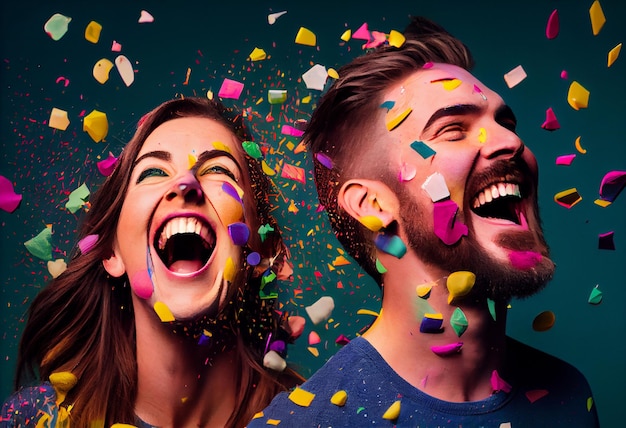 Couple smiling as confetti falls on them against a colored background Generate Ai