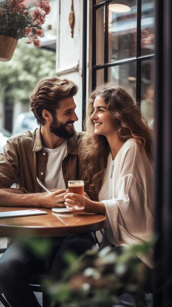 Foto coppia sorridente in un bar con una birra in mano