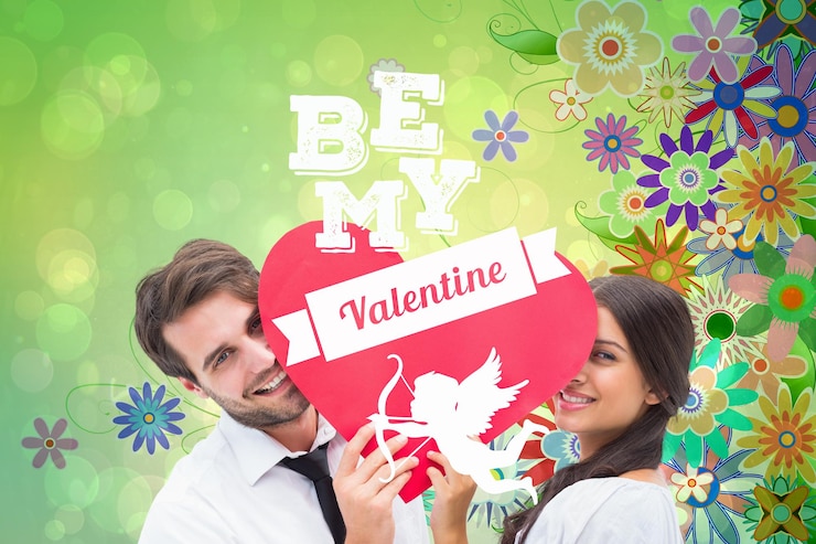 फोटो couple smiling at camera holding a heart against digitally generated girly floral design