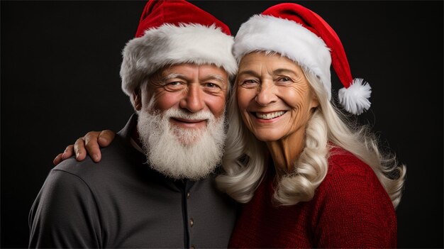 A couple smiling for the camera with santa hats on.