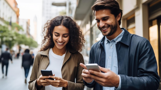 Couple smiling while using smartphone