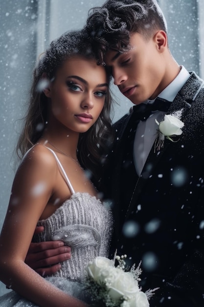 A couple in a snow storm