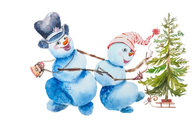 A couple of snowmen are carrying a sled with a Christmas tree