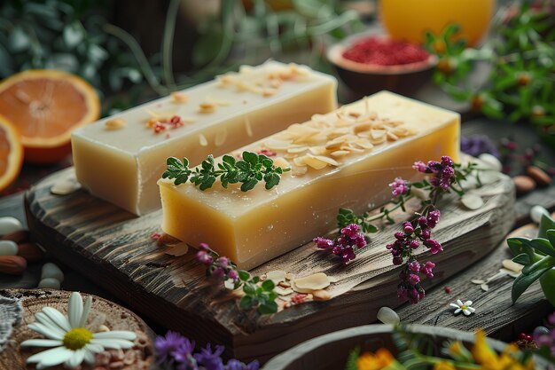 Photo a couple of soap bars sitting on top of a wooden board