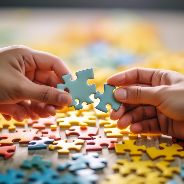 Photo couple solving jigsaw puzzle