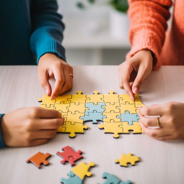 Photo couple solving jigsaw puzzle