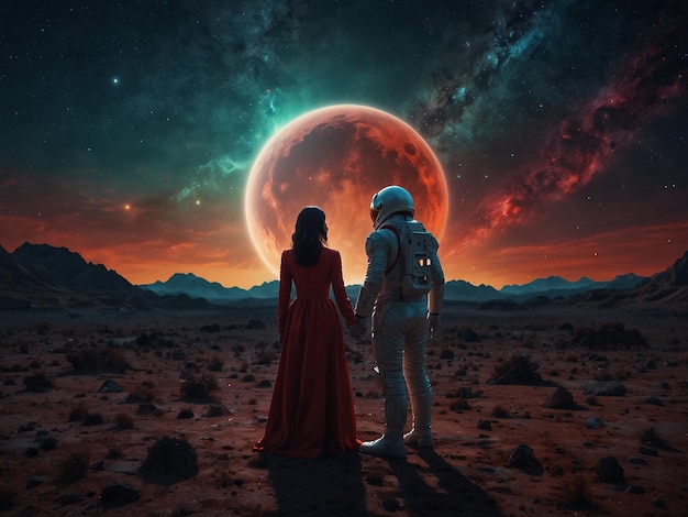 a couple in space with a planet in the background