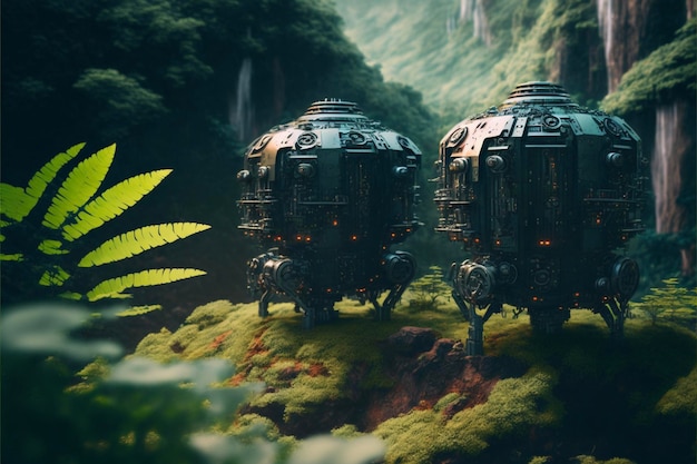 Couple of spaceships sitting on top of a lush green hillside generative ai