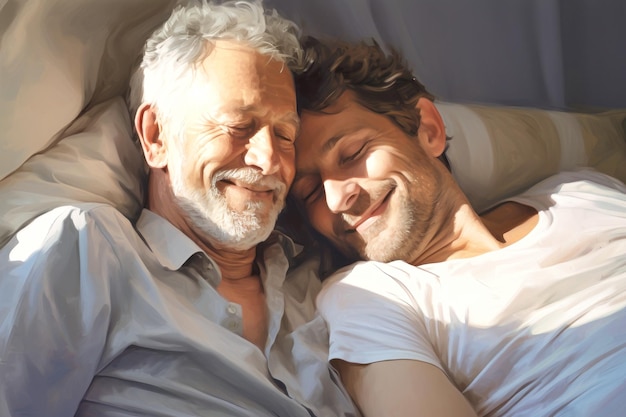 Couple of spirit men in love in the morning in bed LGBT concept Love and romance of two people Tenderness and relaxation Happy morning for gay lovers