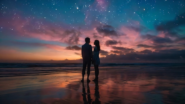 Пара стоит на пляже и смотрит на звезды.