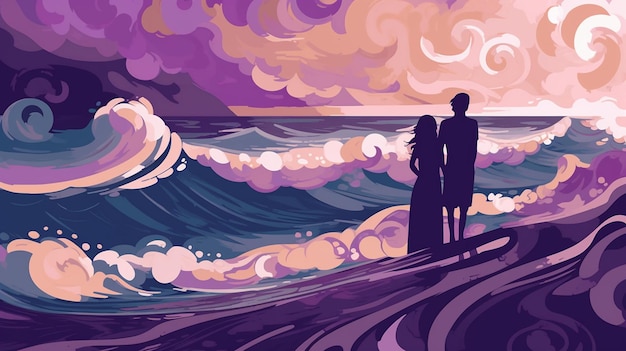 A couple stand on a beach looking at a wave.