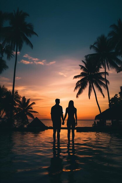 Photo a couple stand on a beach with palm trees in the background