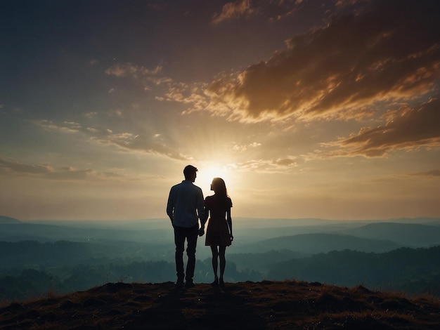 a couple stand on a mountain top and the sun is setting behind them