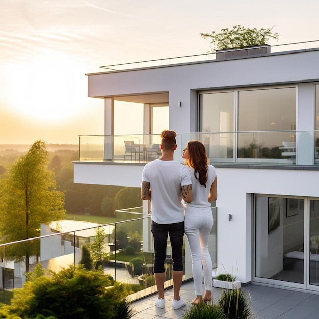 Photo a couple stand on a roof of a house that has a balcony and a view of the city