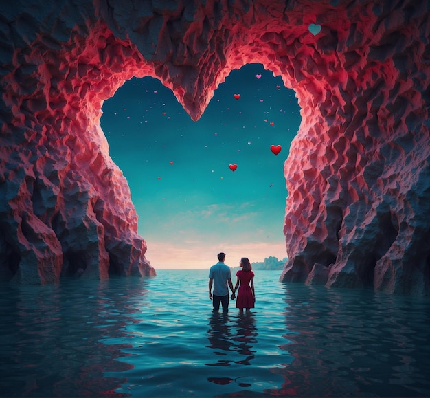 a couple standing in a cave with a heart shaped background