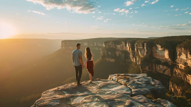 Photo a couple standing on a cliff and watching the sunset the sky is orange and the sun is setting behind the mountains