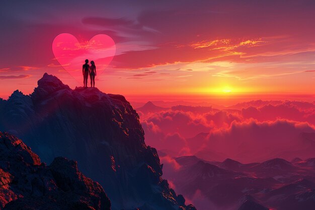 a couple standing on a cliff with a heart in the sky