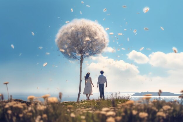 A couple standing under a dandelion that has the word dandelion on it.