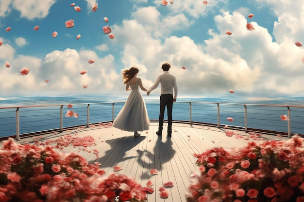 A couple standing on a deck with flowers floating on the water.