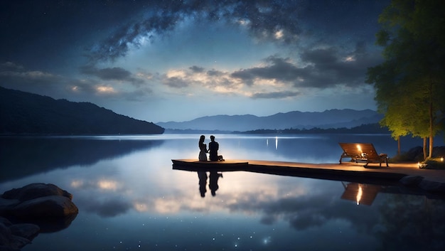 Foto una coppia in piedi su un molo di notte