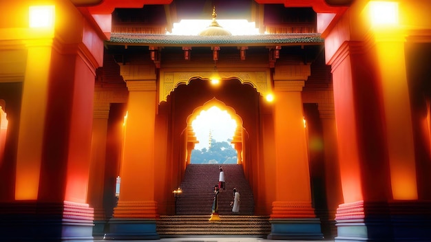 A couple standing in front of a building with a large archway that says'the sun is shining '