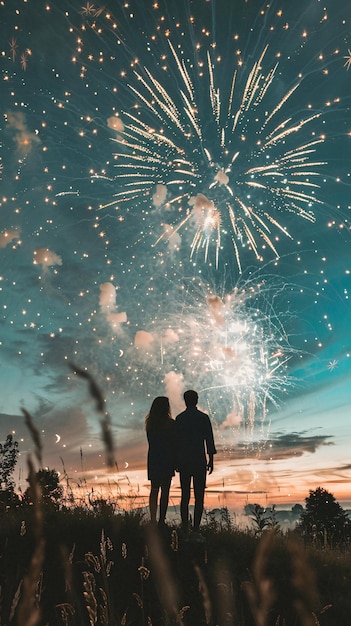 a couple standing in front of a fireworks display with fireworks in the background