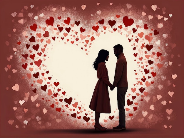 a couple standing in front of a heart shaped frame with hearts in the background