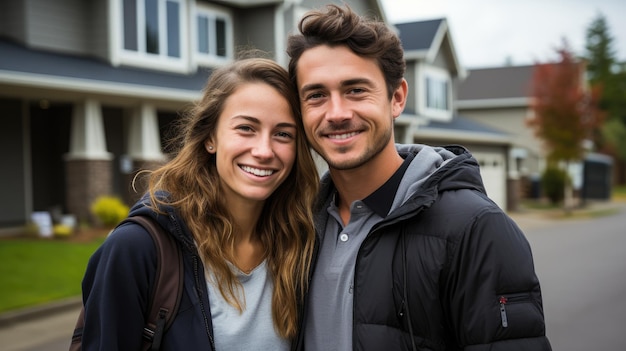 Couple standing in front of new house