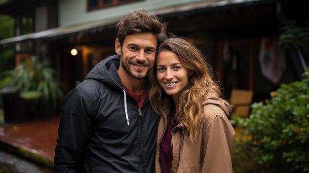 Couple standing in front of new house