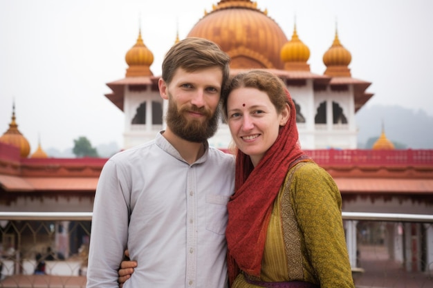 Couple standing in front of religious building