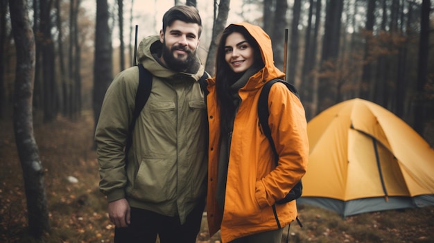 숲 속의 텐트 앞에 서 있는 커플