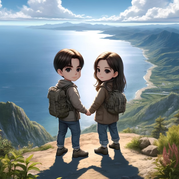 a couple standing on a mountain overlooking a vast sea