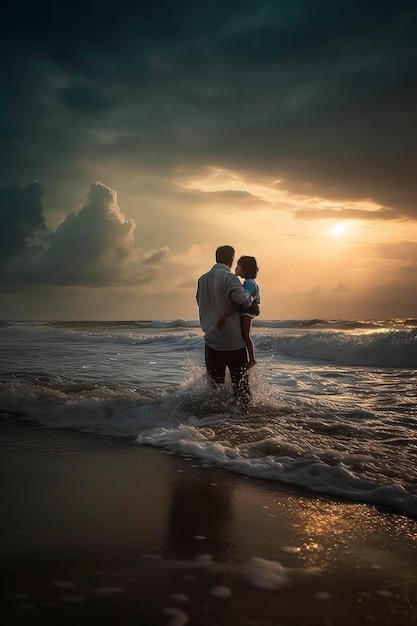 A couple standing in the ocean with the sun setting behind them