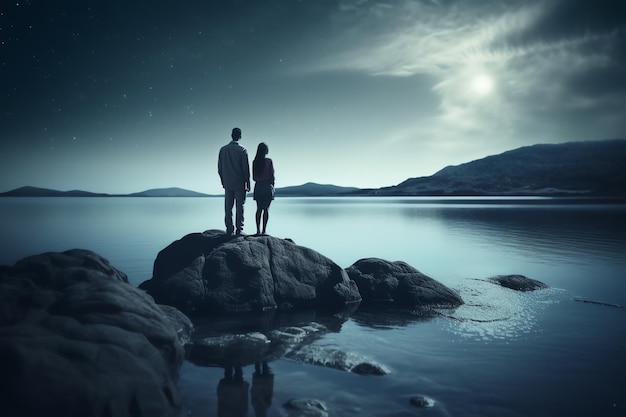 Couple standing on a rock at night looking at the sea