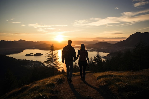 Couple Standing At Top Of Hill On Hike with beautiful lake Generative AI