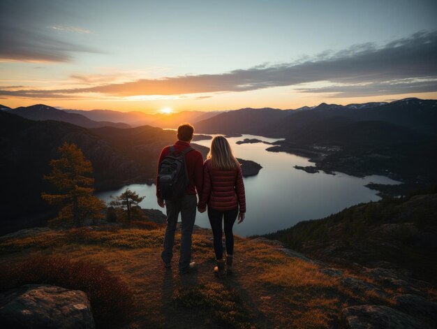 Couple Standing At Top Of Hill On Hike with beautiful lake Generative AI