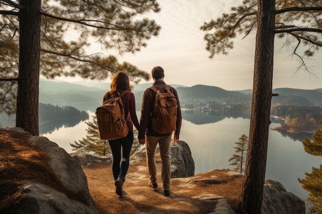 Couple Standing At Top Of Hill On Hike with beautiful lake Generative AI