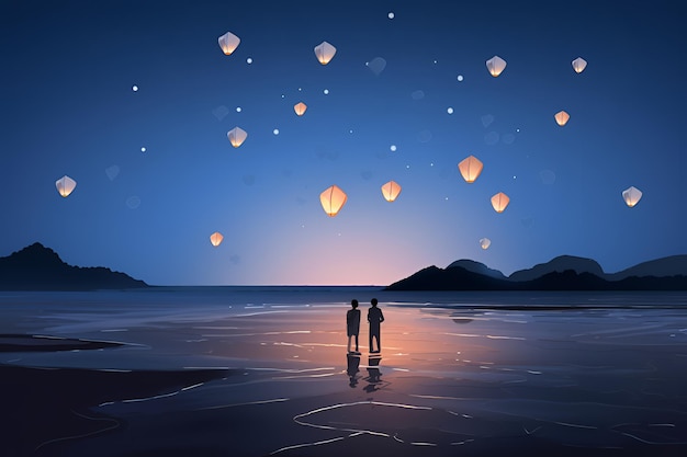 A couple stands on the beach looking at a lantern that says'love is in the air '