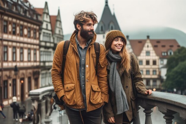 A couple stands on a bridge in front of a building with a view of the city in the background.