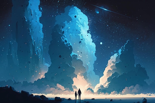 A couple stands in front of a cloud that says'the sky is a star '