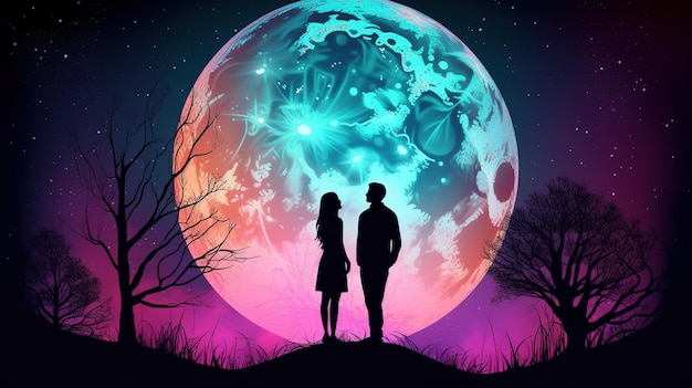 A couple stands in front of a full moon.